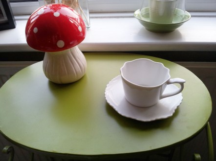 Toadstool money box and tea cup