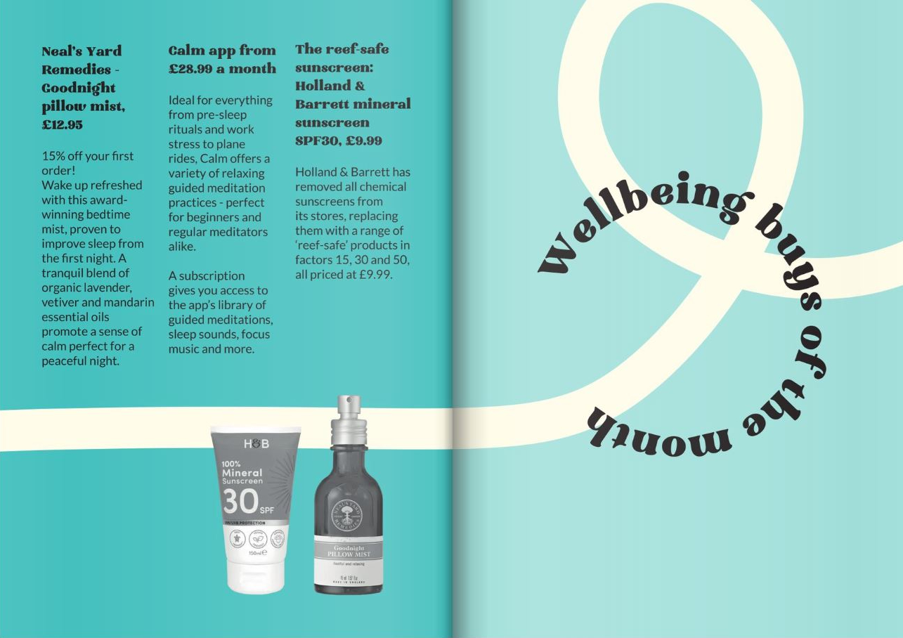 A magazine-style double page spread with wellbeing product recommendations