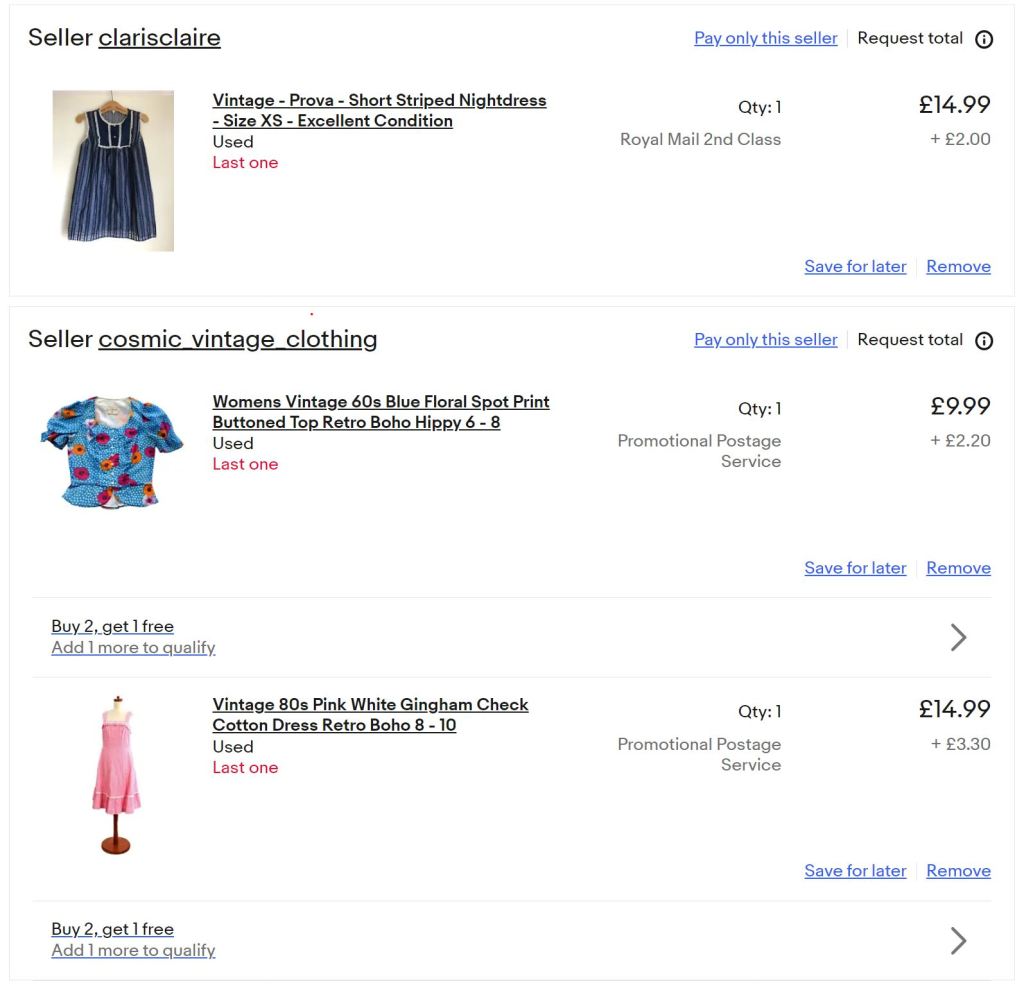 An eBay watchlist showing several items of vintage clothing