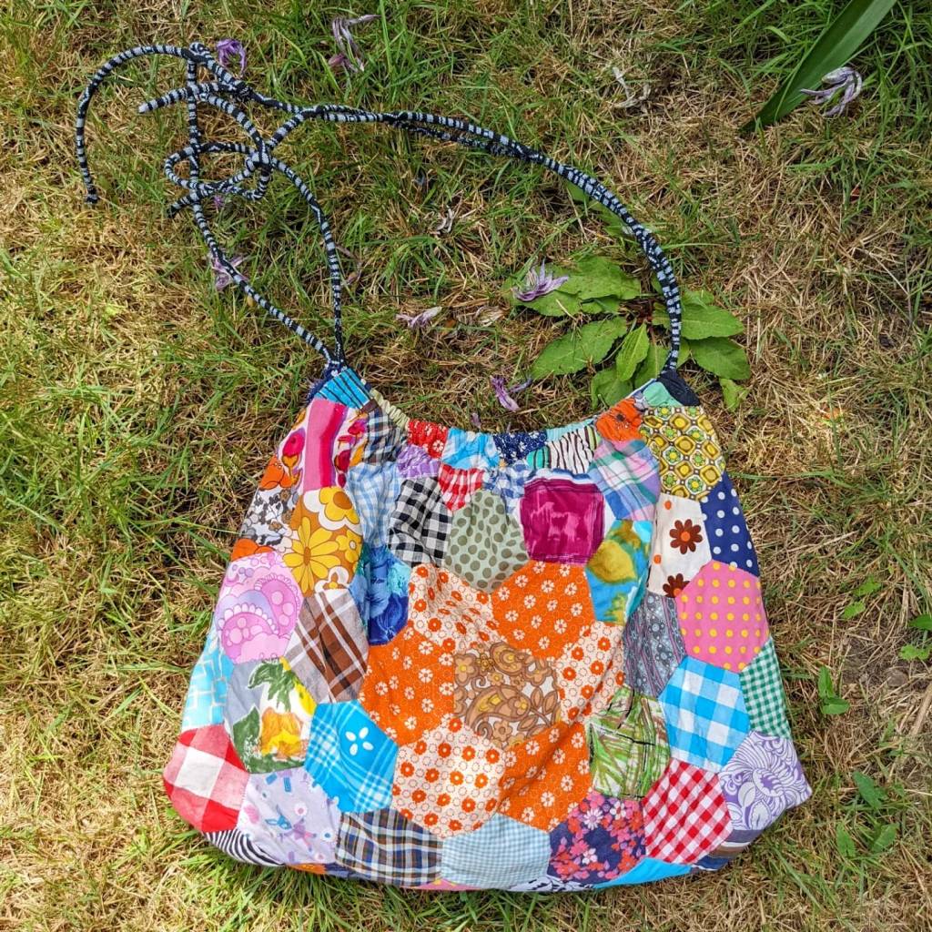 A bright patchwork knitting bag