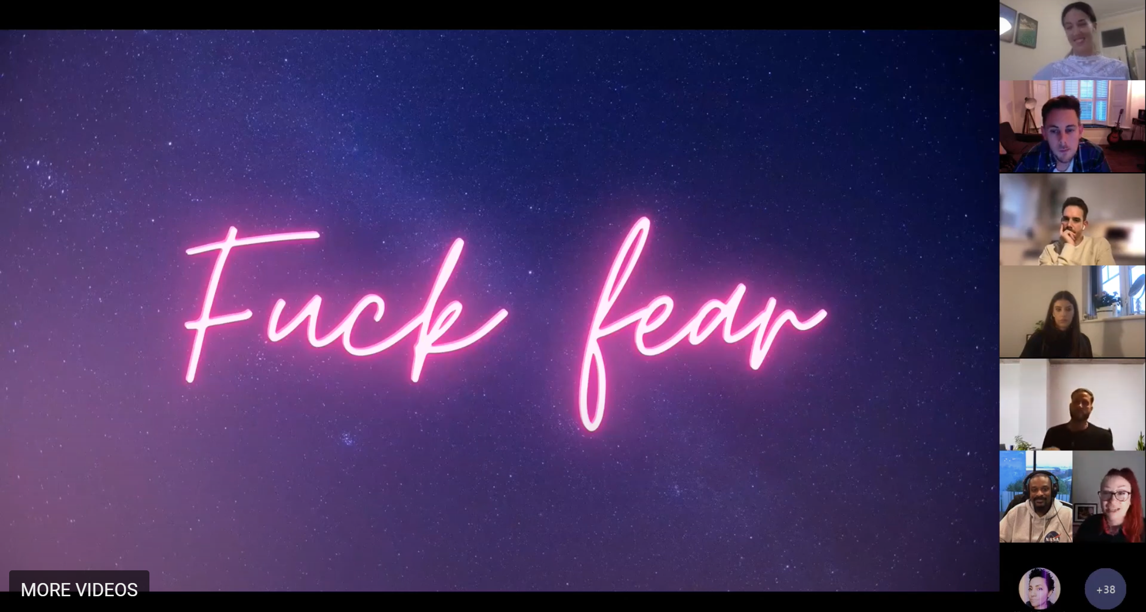 Honor in a Zoom presentation; the screen says 'Fuck fear'