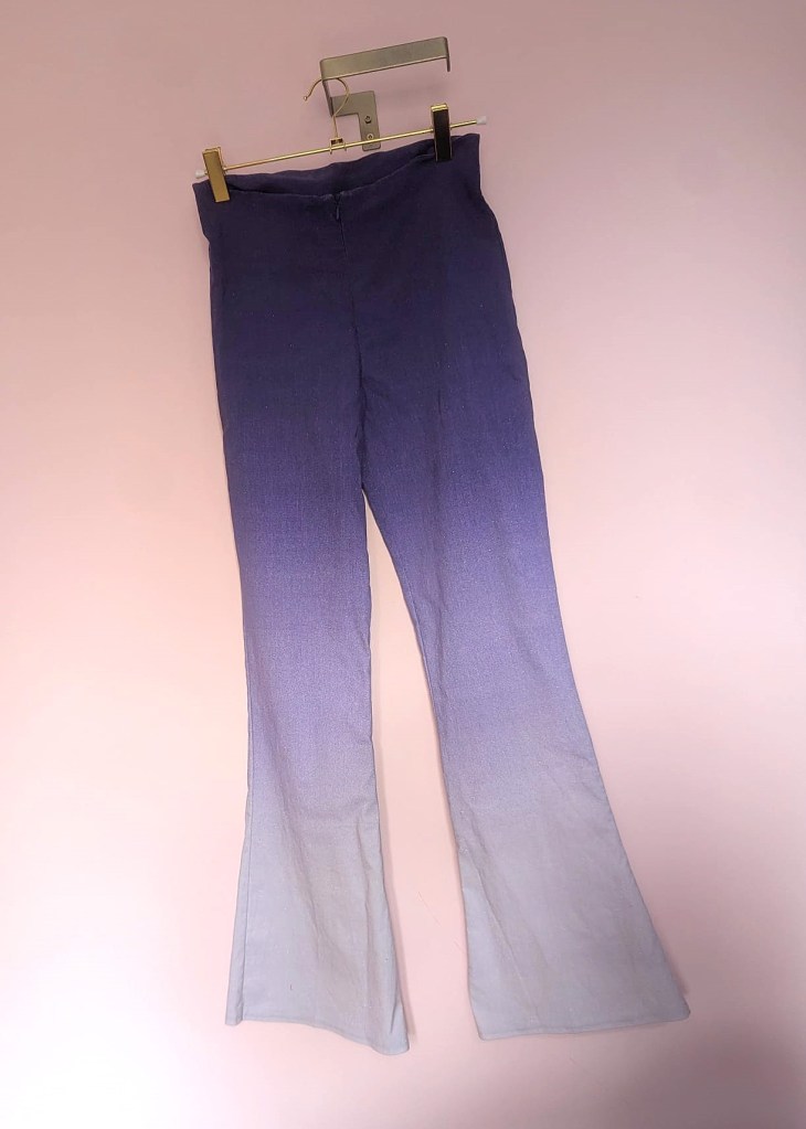 Low-rise zip-up purple ombre glitter stretch flares from New Look circa 2001. 