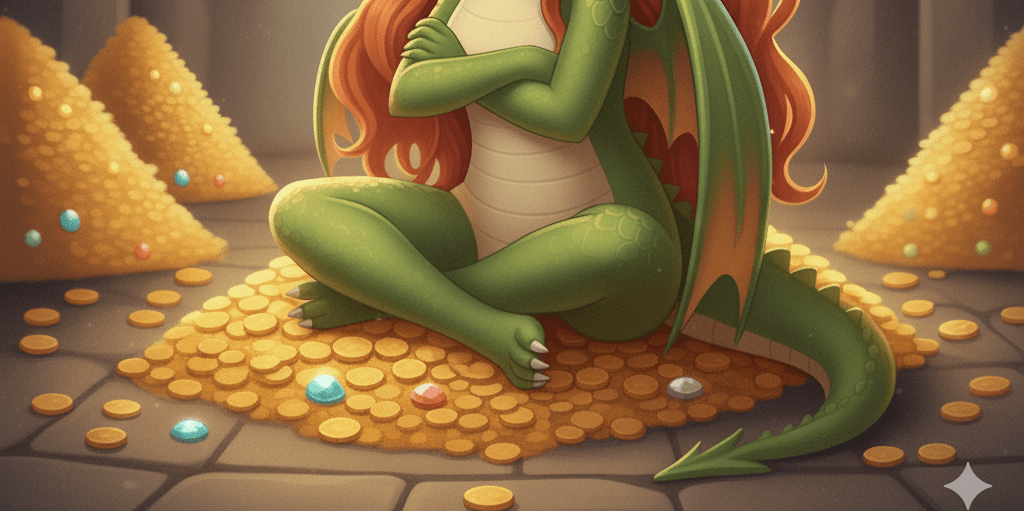 A dragon with cvnty nails guarding a pile of coins