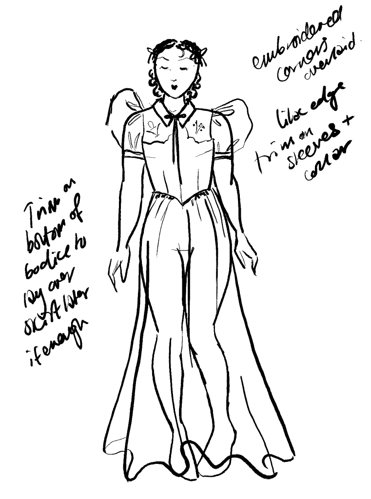 Sketch of my plan for a 1930s dress pattern