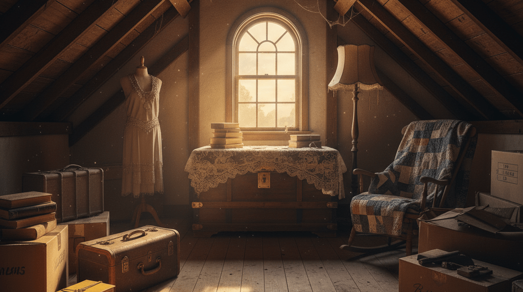 An attic bathed in golden light