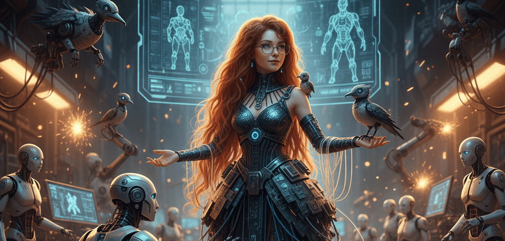 A woman with ginger hair and glasses, summoning robots to her