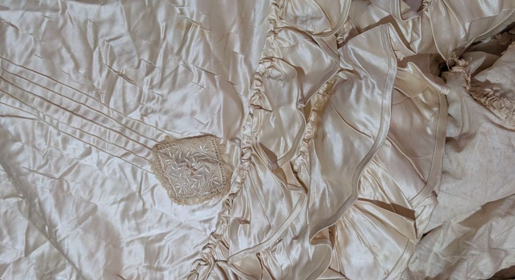 Edwardian silk wedding dress closeup